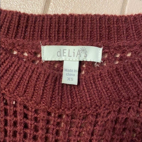 Delia’s Loose open knit crochet maroon high low long sleeve pullover sweater top - Picture 7 of 9